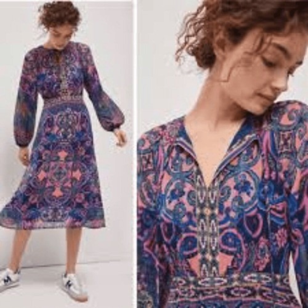 Anthropologie Paisley Midi Dress Navy Orange Pink V-Neck Balloon Sleeve Size 00